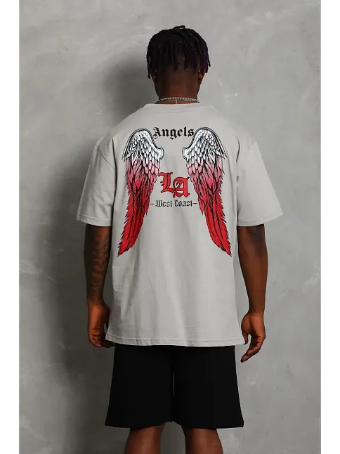 Erkek Baskılı Tişört Kısa Kol Bisiklet Yaka Oversize T-shirt - Gri