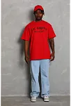Erkek Baskılı Tişört Kısa Kol Bisiklet Yaka Oversize T-shirt - Kırmızı