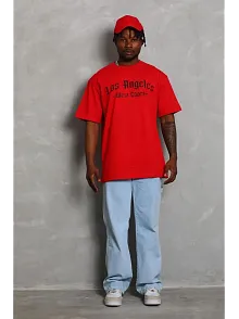 Erkek Baskılı Tişört Kısa Kol Bisiklet Yaka Oversize T-shirt - Kırmızı