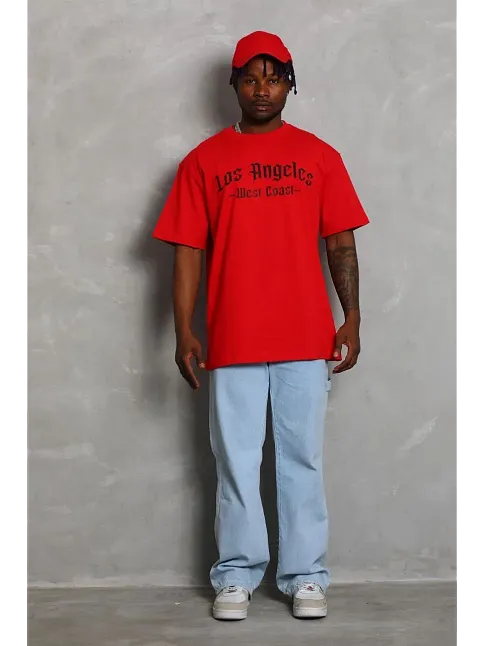 Erkek Baskılı Tişört Kısa Kol Bisiklet Yaka Oversize T-shirt - Kırmızı