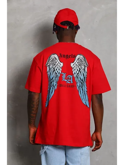 Erkek Baskılı Tişört Kısa Kol Bisiklet Yaka Oversize T-shirt - Kırmızı