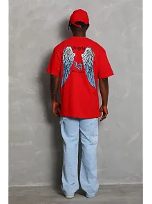 Erkek Baskılı Tişört Kısa Kol Bisiklet Yaka Oversize T-shirt - Kırmızı