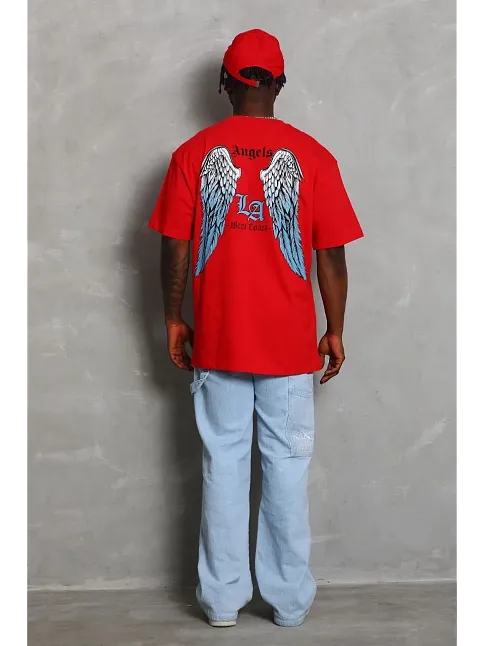 Erkek Baskılı Tişört Kısa Kol Bisiklet Yaka Oversize T-shirt - Kırmızı