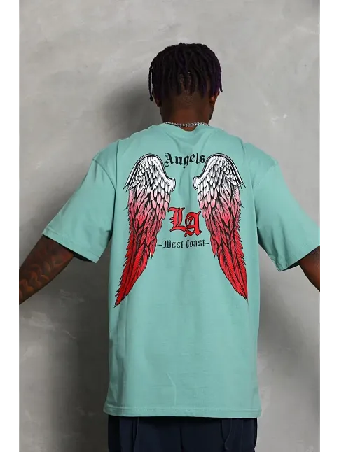 Erkek Kısa Kol Tişört Bisiklet Yaka Kanat Baskılı Oversize T-shirt - Mint Yeşili