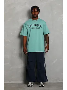 Erkek Kısa Kol Tişört Bisiklet Yaka Kanat Baskılı Oversize T-shirt - Mint Yeşili
