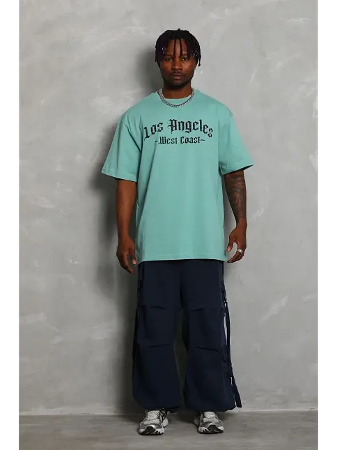 Erkek Kısa Kol Tişört Bisiklet Yaka Kanat Baskılı Oversize T-shirt - Mint Yeşili