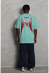 Erkek Kısa Kol Tişört Bisiklet Yaka Kanat Baskılı Oversize T-shirt - Mint Yeşili