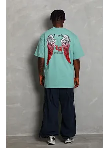 Erkek Kısa Kol Tişört Bisiklet Yaka Kanat Baskılı Oversize T-shirt - Mint Yeşili
