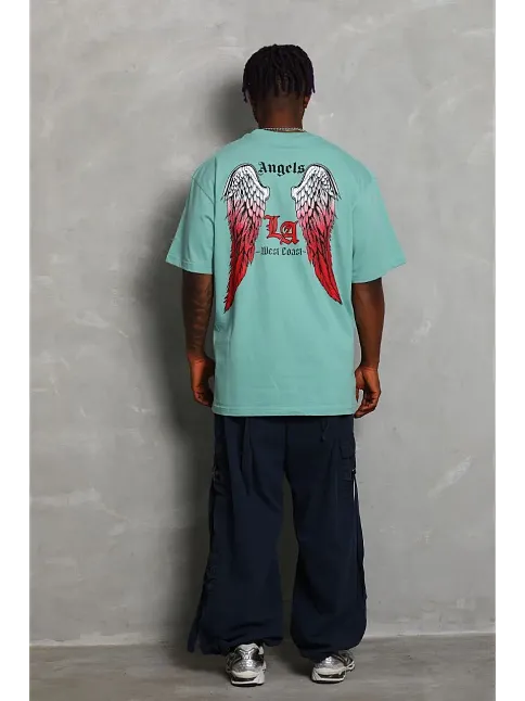 Erkek Kısa Kol Tişört Bisiklet Yaka Kanat Baskılı Oversize T-shirt - Mint Yeşili