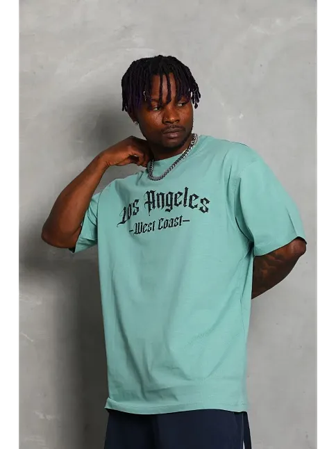 Erkek Kısa Kol Tişört Bisiklet Yaka Kanat Baskılı Oversize T-shirt - Mint Yeşili