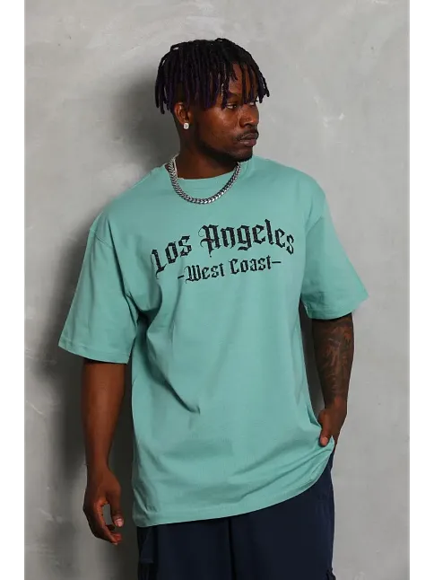 Erkek Kısa Kol Tişört Bisiklet Yaka Kanat Baskılı Oversize T-shirt - Mint Yeşili