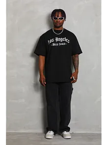 Erkek Baskılı Tişört Kısa Kol Bisiklet Yaka Oversize T-shirt - Siyah