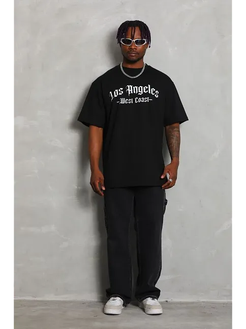 Erkek Baskılı Tişört Kısa Kol Bisiklet Yaka Oversize T-shirt - Siyah