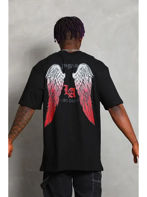 Erkek Baskılı Tişört Kısa Kol Bisiklet Yaka Oversize T-shirt - Siyah