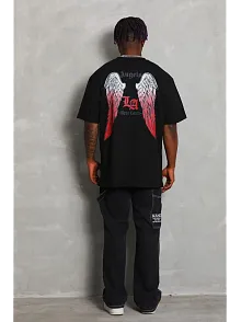 Erkek Baskılı Tişört Kısa Kol Bisiklet Yaka Oversize T-shirt - Siyah