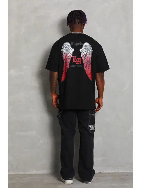 Erkek Baskılı Tişört Kısa Kol Bisiklet Yaka Oversize T-shirt - Siyah
