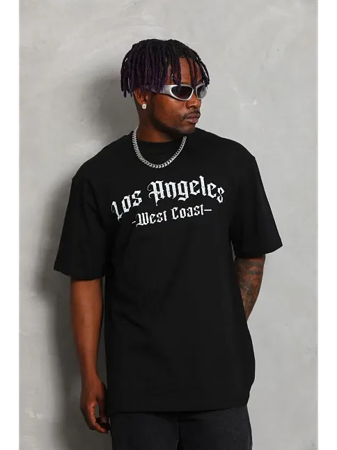 Erkek Baskılı Tişört Kısa Kol Bisiklet Yaka Oversize T-shirt - Siyah