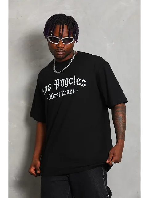 Erkek Baskılı Tişört Kısa Kol Bisiklet Yaka Oversize T-shirt - Siyah