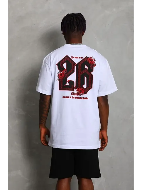 Erkek Baskılı Tişört Kısa Kol Bisiklet Yaka Oversize T-shirt - Beyaz