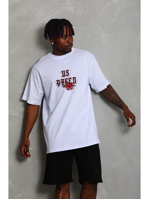Erkek Baskılı Tişört Kısa Kol Bisiklet Yaka Oversize T-shirt - Beyaz