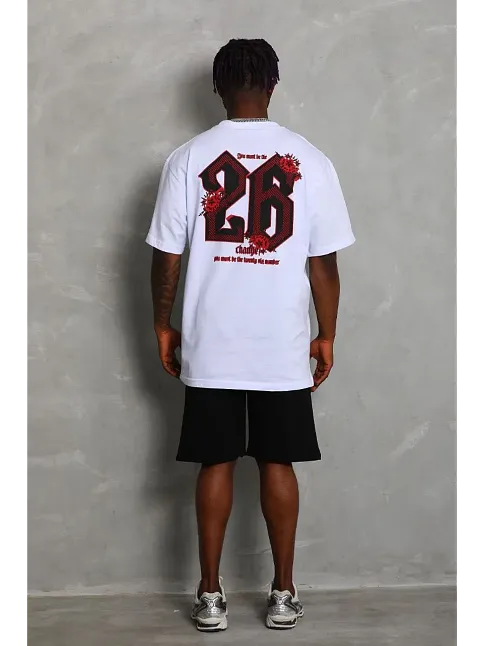 Erkek Baskılı Tişört Kısa Kol Bisiklet Yaka Oversize T-shirt - Beyaz