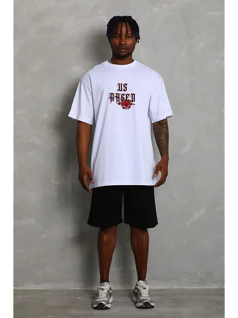 Erkek Baskılı Tişört Kısa Kol Bisiklet Yaka Oversize T-shirt - Beyaz