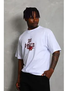 Erkek Baskılı Tişört Kısa Kol Bisiklet Yaka Oversize T-shirt - Beyaz