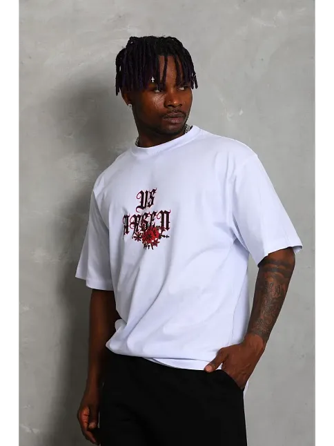 Erkek Baskılı Tişört Kısa Kol Bisiklet Yaka Oversize T-shirt - Beyaz