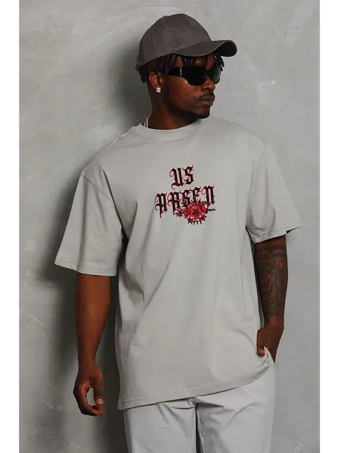 Erkek Kısa Kol Yazlık Tişört Bisiklet Yaka Baskılı Oversize T-shirt - Gri