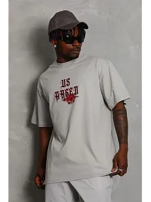 Erkek Kısa Kol Yazlık Tişört Bisiklet Yaka Baskılı Oversize T-shirt - Gri