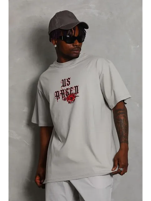 Erkek Kısa Kol Yazlık Tişört Bisiklet Yaka Baskılı Oversize T-shirt - Gri