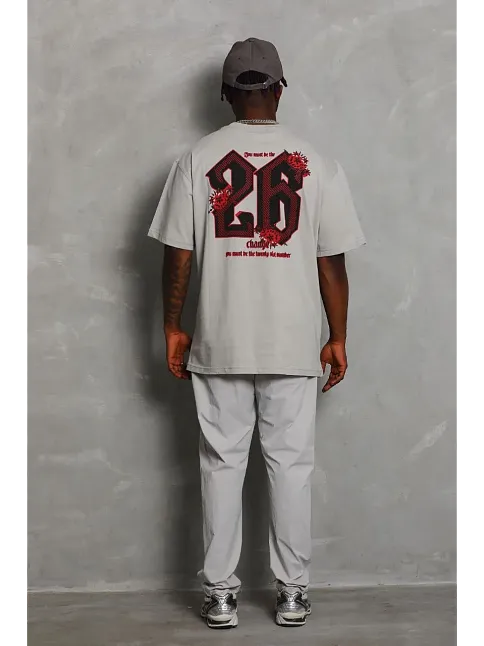 Erkek Kısa Kol Yazlık Tişört Bisiklet Yaka Baskılı Oversize T-shirt - Gri