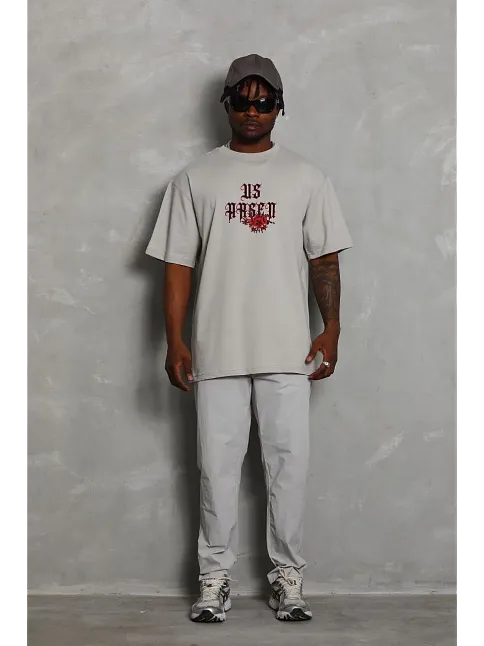 Erkek Kısa Kol Yazlık Tişört Bisiklet Yaka Baskılı Oversize T-shirt - Gri