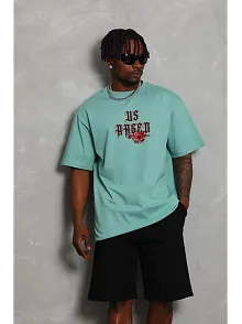 Erkek Baskılı Tişört Kısa Kol Bisiklet Yaka Oversize T-shirt - Mint Yeşili
