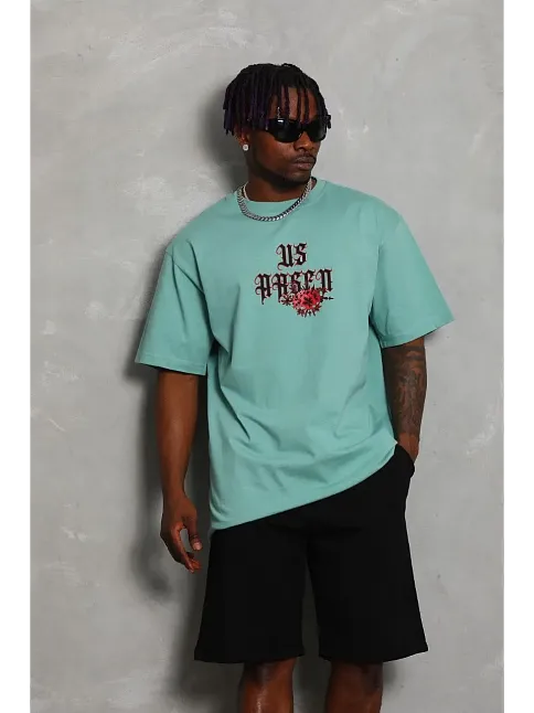 Erkek Baskılı Tişört Kısa Kol Bisiklet Yaka Oversize T-shirt - Mint Yeşili