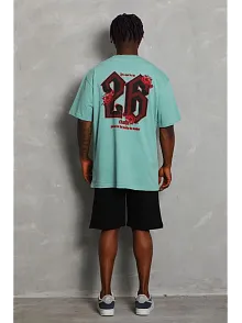 Erkek Baskılı Tişört Kısa Kol Bisiklet Yaka Oversize T-shirt - Mint Yeşili