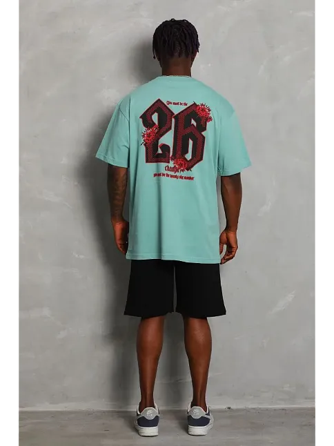 Erkek Baskılı Tişört Kısa Kol Bisiklet Yaka Oversize T-shirt - Mint Yeşili