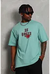 Erkek Baskılı Tişört Kısa Kol Bisiklet Yaka Oversize T-shirt - Mint Yeşili