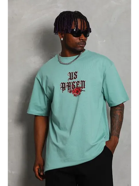 Erkek Baskılı Tişört Kısa Kol Bisiklet Yaka Oversize T-shirt - Mint Yeşili