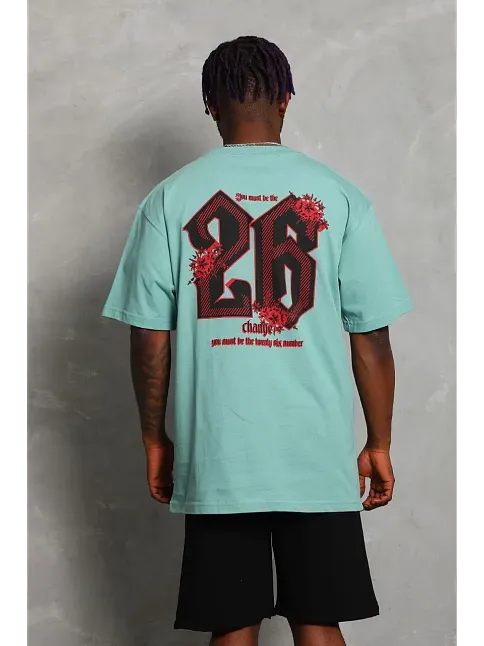 Erkek Baskılı Tişört Kısa Kol Bisiklet Yaka Oversize T-shirt - Mint Yeşili