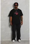 Erkek Baskılı Tişört Kısa Kol Bisiklet Yaka Oversize T-shirt - Siyah