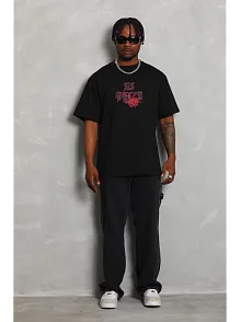 Erkek Baskılı Tişört Kısa Kol Bisiklet Yaka Oversize T-shirt - Siyah