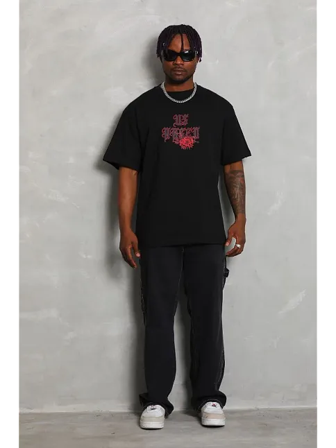 Erkek Baskılı Tişört Kısa Kol Bisiklet Yaka Oversize T-shirt - Siyah