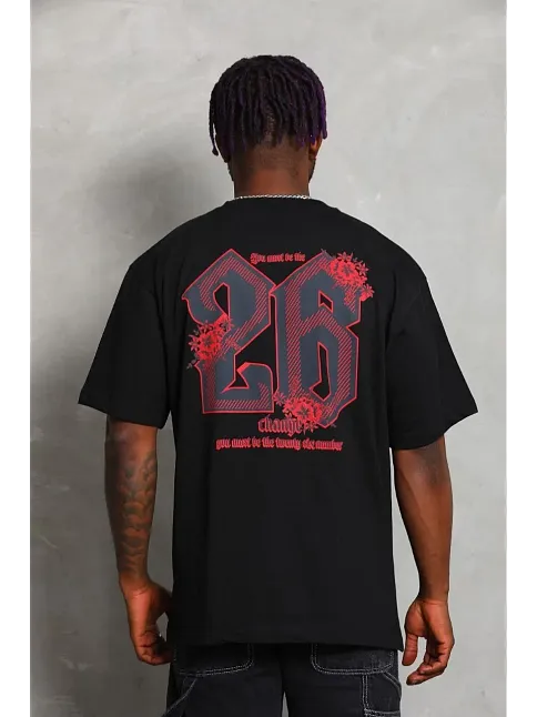 Erkek Baskılı Tişört Kısa Kol Bisiklet Yaka Oversize T-shirt - Siyah
