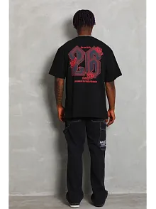 Erkek Baskılı Tişört Kısa Kol Bisiklet Yaka Oversize T-shirt - Siyah