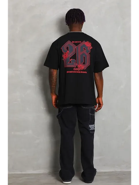 Erkek Baskılı Tişört Kısa Kol Bisiklet Yaka Oversize T-shirt - Siyah