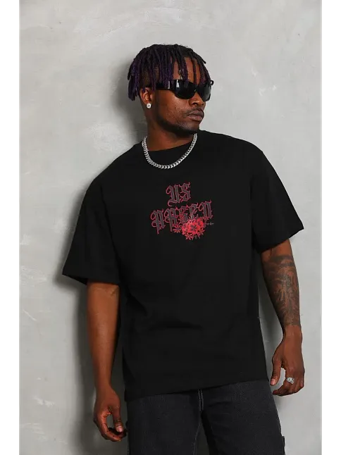 Erkek Baskılı Tişört Kısa Kol Bisiklet Yaka Oversize T-shirt - Siyah