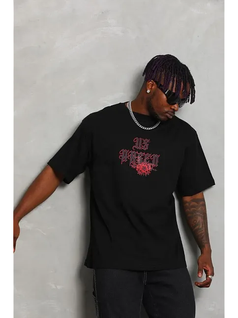 Erkek Baskılı Tişört Kısa Kol Bisiklet Yaka Oversize T-shirt - Siyah