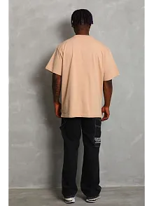 Erkek Düz Yazlık Kısa Kol Tişört Bisiklet Yaka Oversize T-shirt - Bej