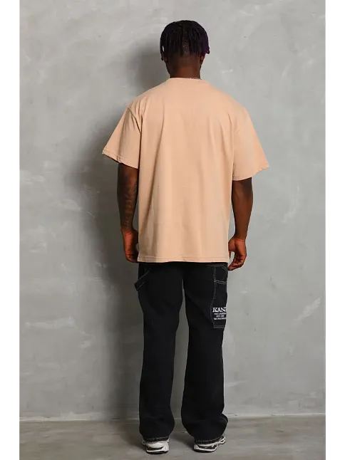 Erkek Düz Yazlık Kısa Kol Tişört Bisiklet Yaka Oversize T-shirt - Bej